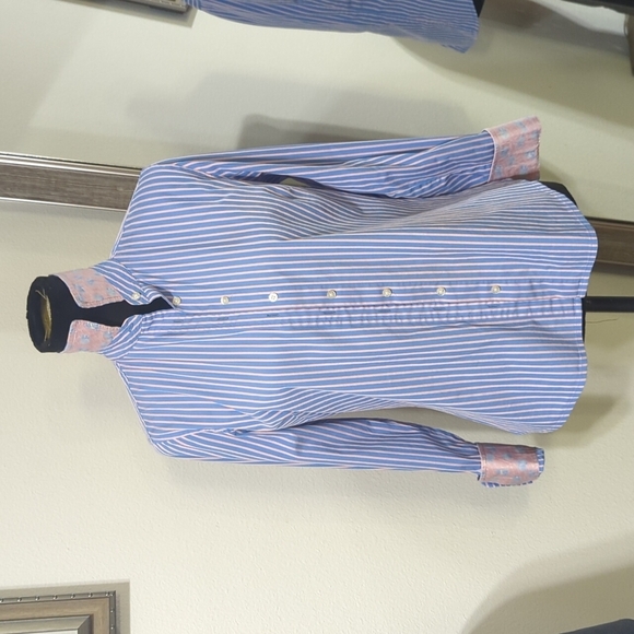 Vineyard Vines- Pink & Blue Striped Button Down W/ Seashell Cuffs & Under Collar - Picture 2 of 8